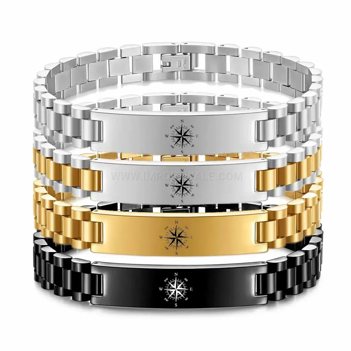 Men's Stainless Steel Watch Band Style Curved Plate Compass Bracelet