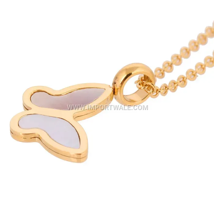 Gold Stainless Steel Shell Inlaid Butterfly Pendant Necklace