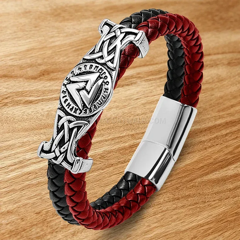 Trendy Geometric Engraved Triangle Stainless Steel Two-Tone Leather Bracelet