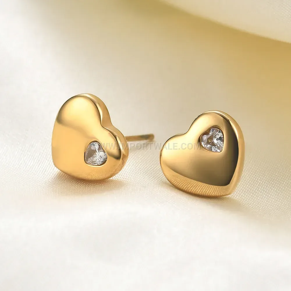 Polished Heart Stainless Steel Crystal Stud Earrings