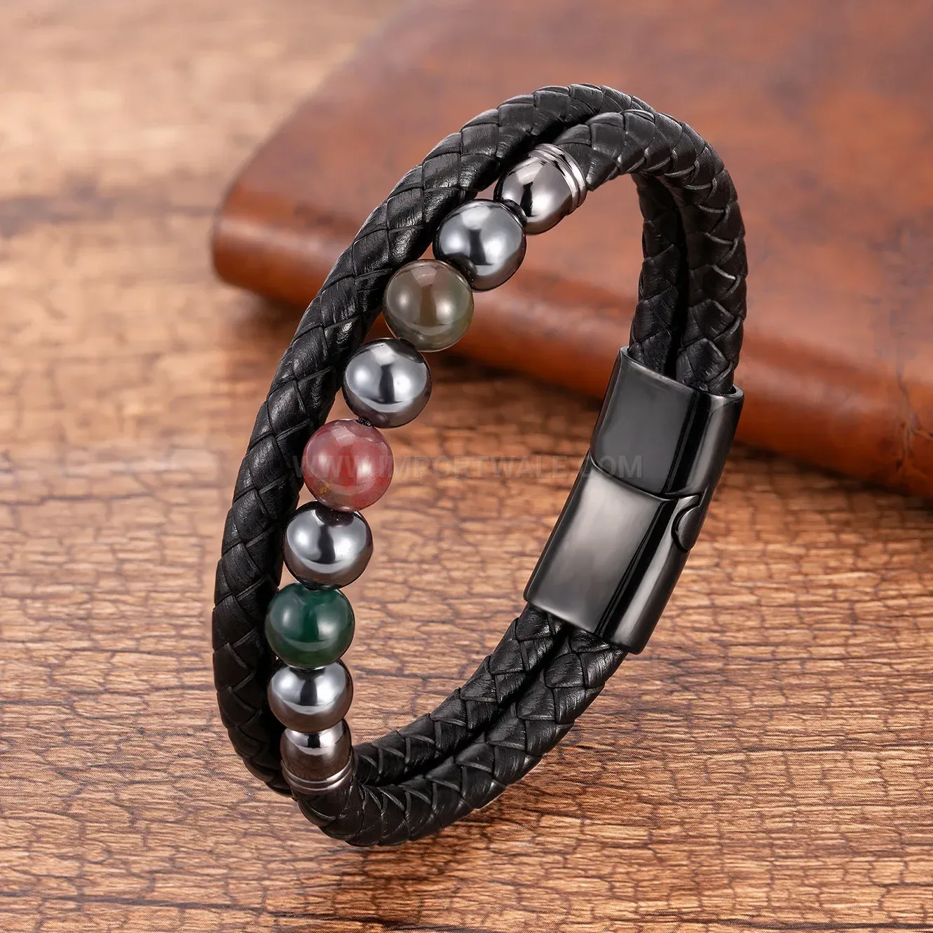 Vintage Handwoven Beaded Leather Bracelet with Steel Clasp
