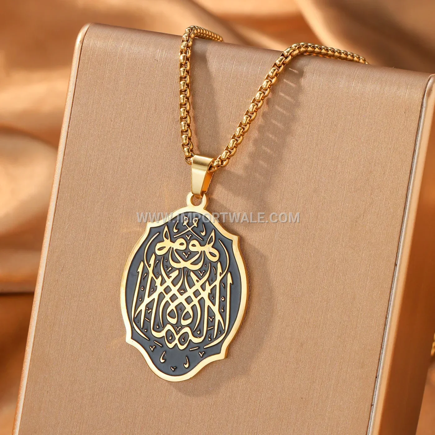 Stainless Steel Black Enamel Shield Allah Calligraphy Pendant Necklace