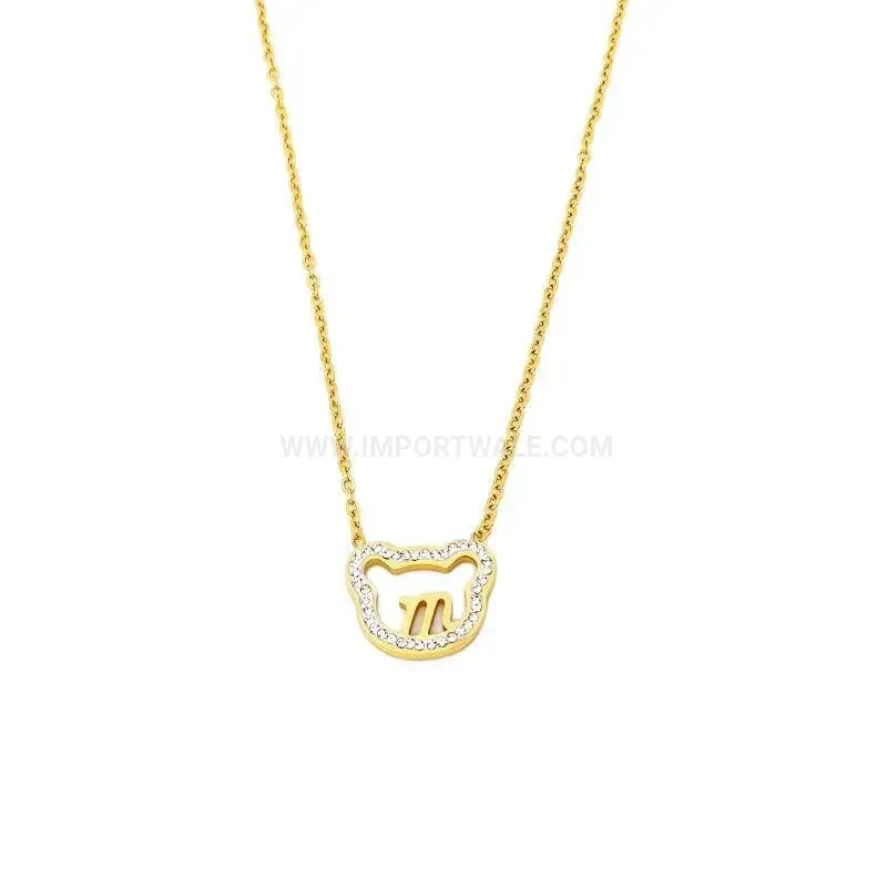 Stylish Gold Titanium Steel Bear Accent Zircon Pendant Necklace