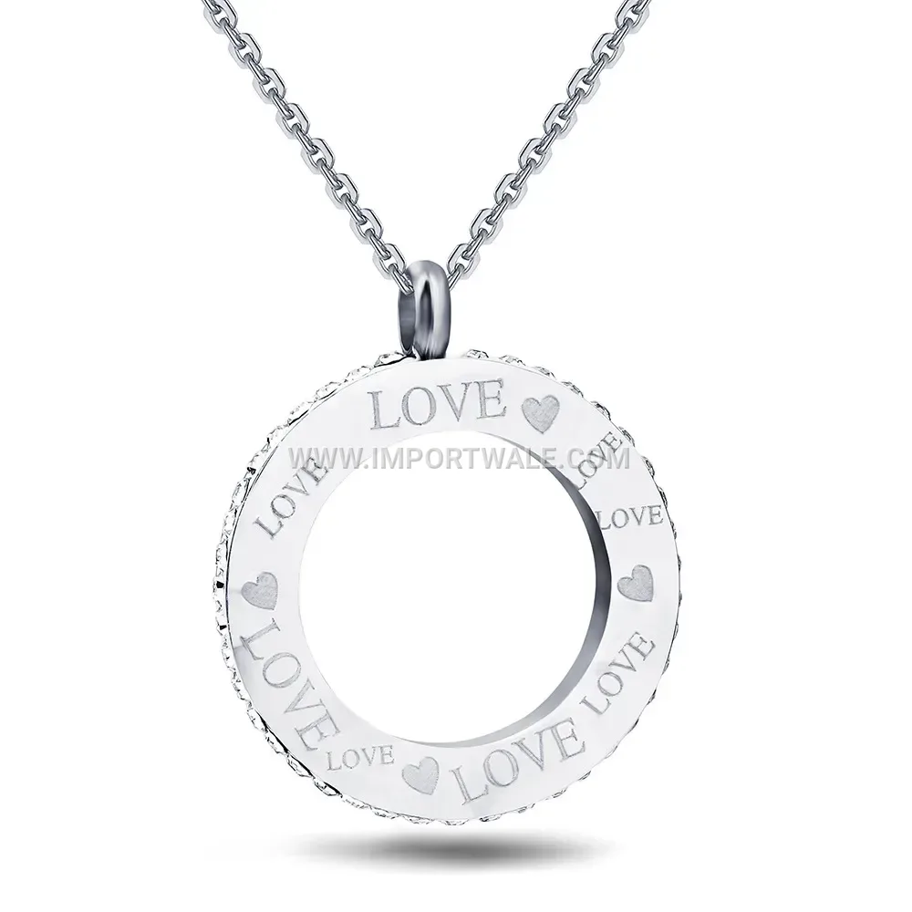 Gold Stainless Steel Engraved Love Circle Pendant Necklace with Crystals