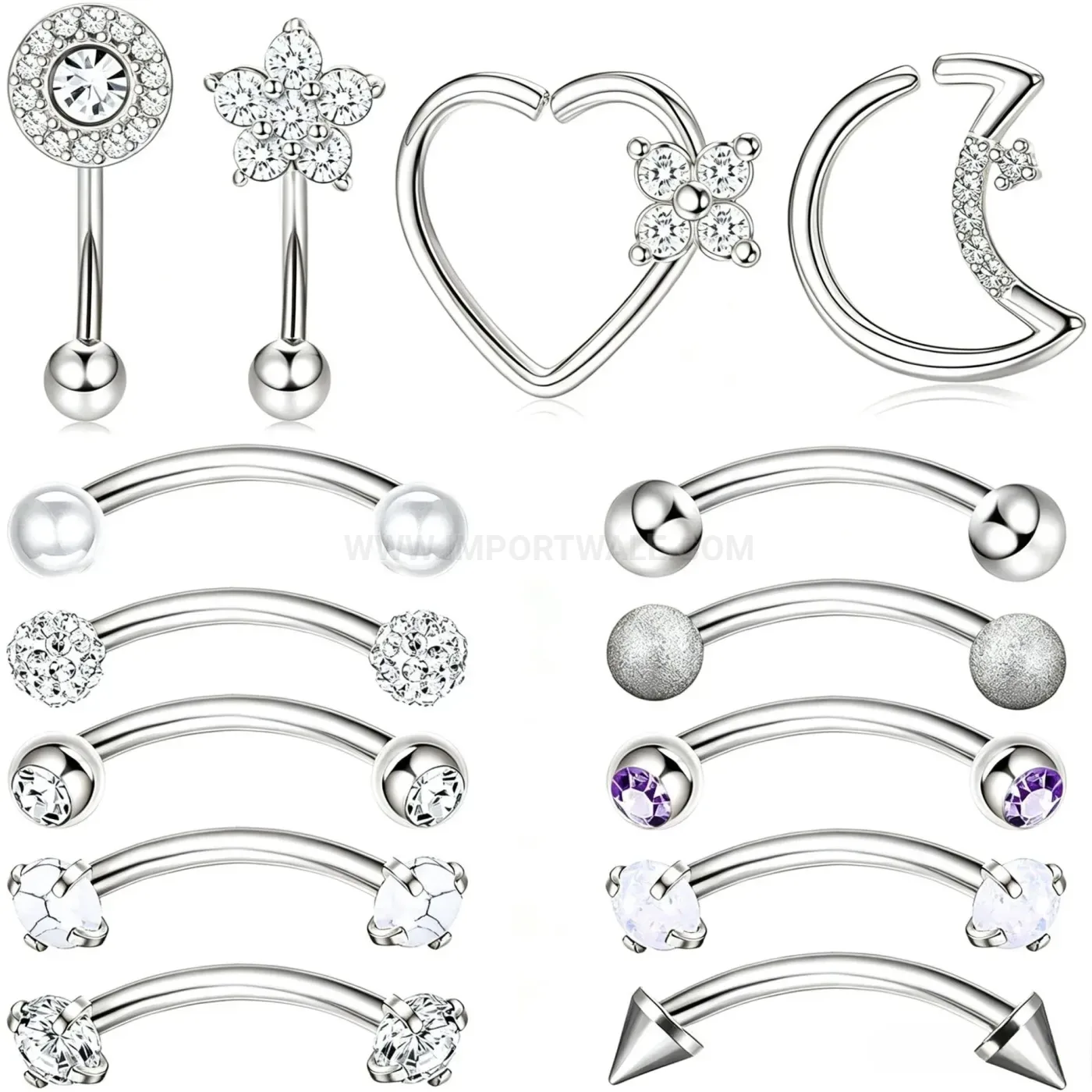 Stylish Curved Stainless Steel Zircon Pearl Body Piercing Jewelry Set