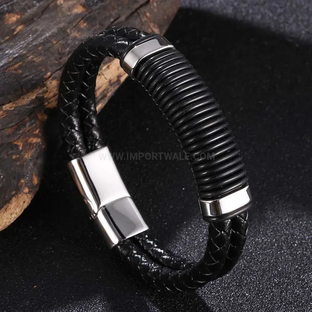 Dual Strand Braided Leather Bracelet with Stainless Steel Magnetic Lock