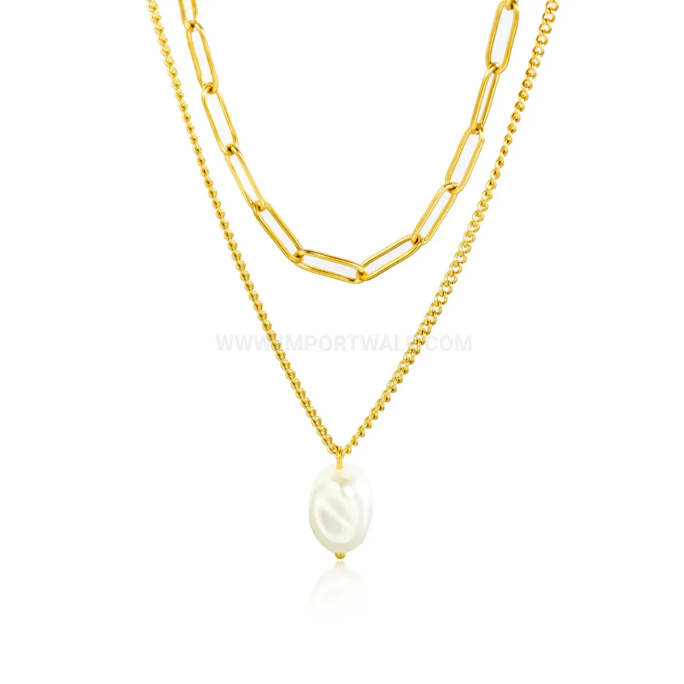 Designer Double Layer Pearl Pendant Gold Stainless Steel Snake Chain Necklace