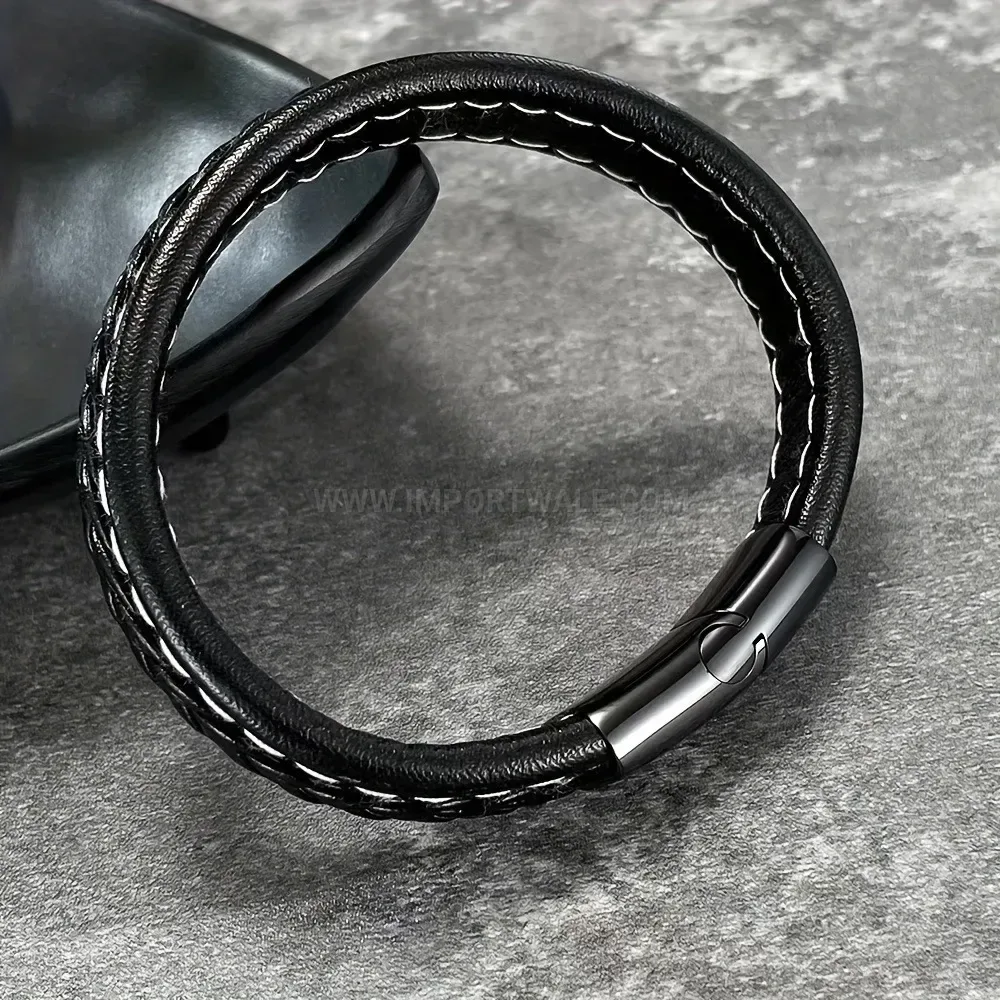 Classic Woven Faux Leather Wrap Bracelet with Alloy Clasp Fastening