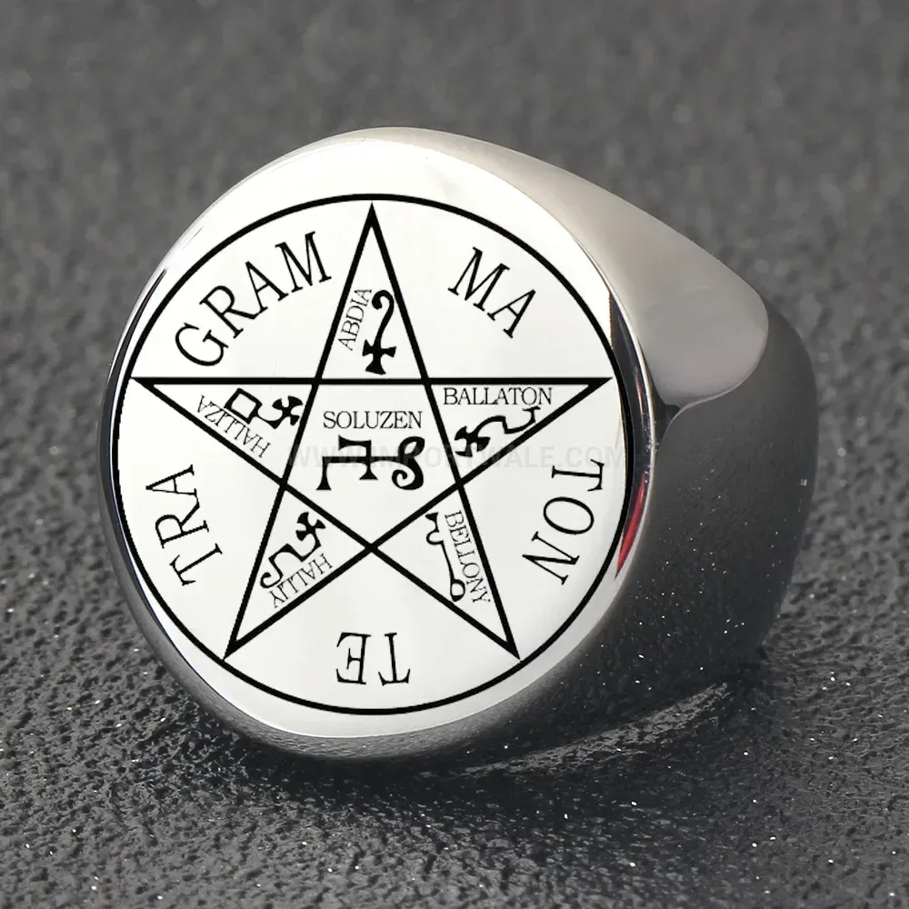 Bold Vintage Engraved Round Occult Stainless Steel Signet Ring