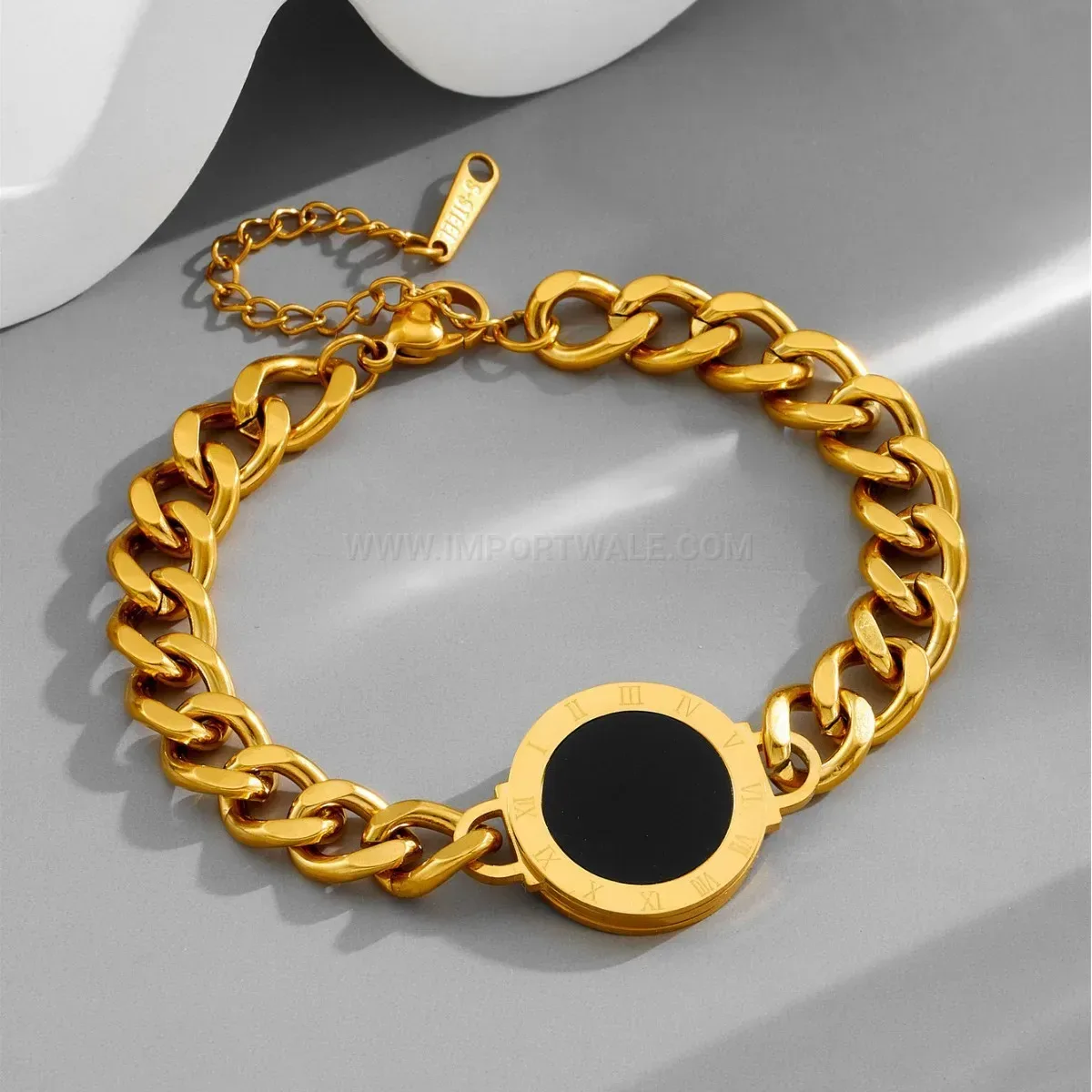 Bold Rhinestone Roman Numeral Titanium Steel Bangle Bracelet