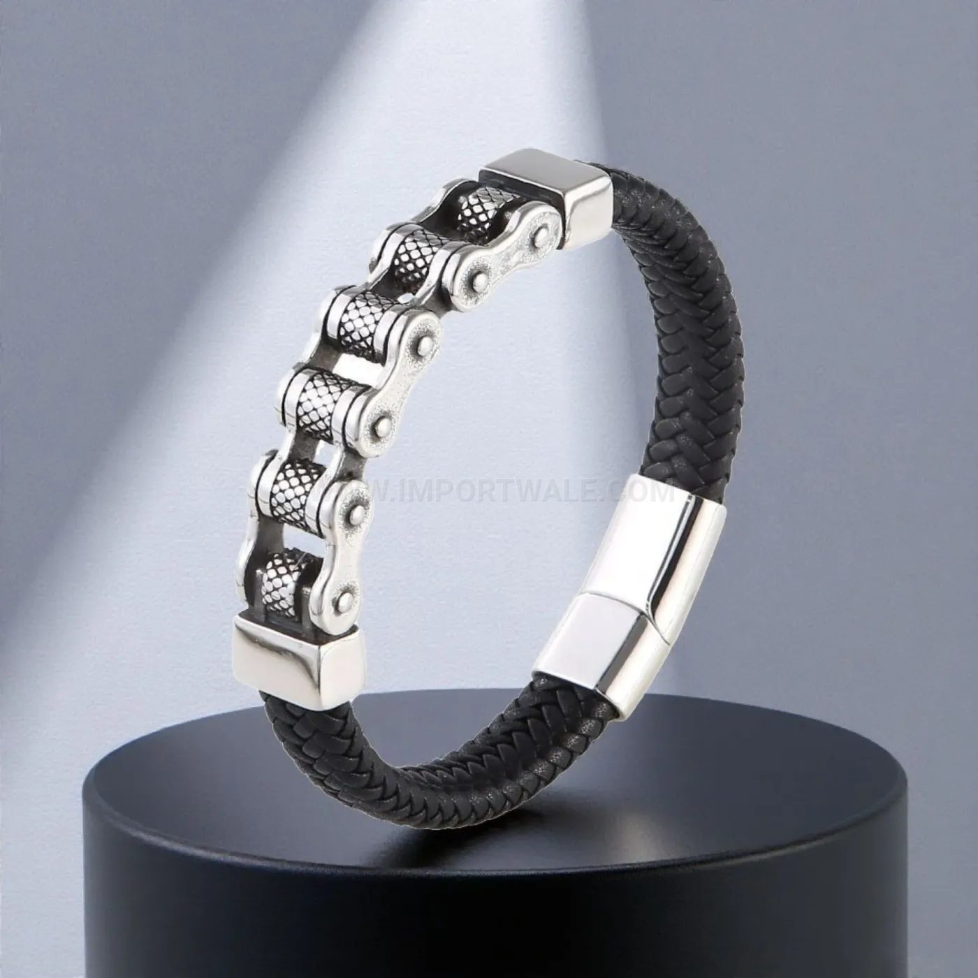 Stylish Handcrafted Braided Leather Stainless Steel Bangle