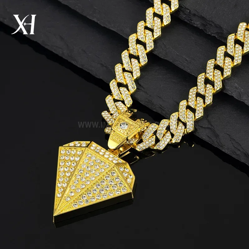 Iced Out Rhombus Diamond Zinc Alloy Hip Hop Pendant Necklace