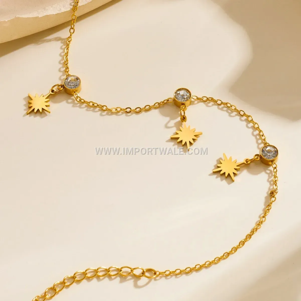 Gold Stainless Steel Celestial Star Burst Charm Anklet