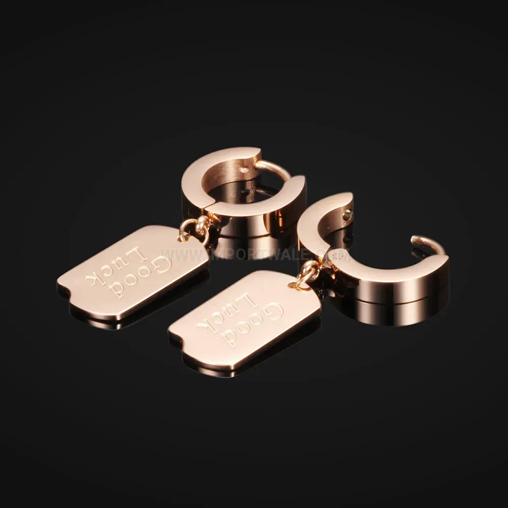 Elegant Minimalist Good Luck Engraved Rose Gold Stainless Steel Earrings