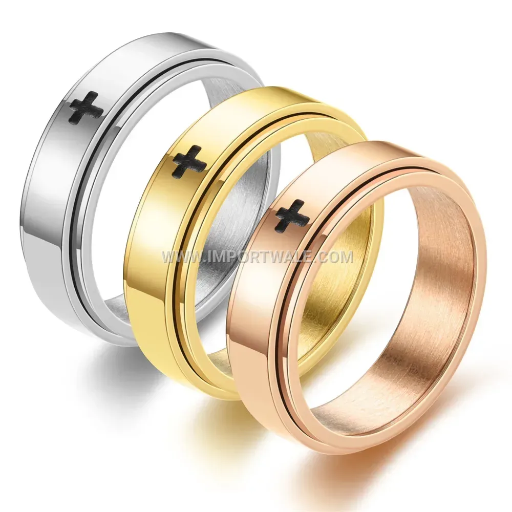 Rotatable Cross Motif Etched Stainless Steel Band Ring