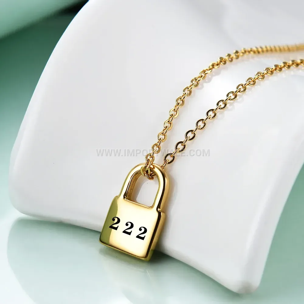 Laser Engraved Lucky Number Lock Pendant Stainless Steel Necklace