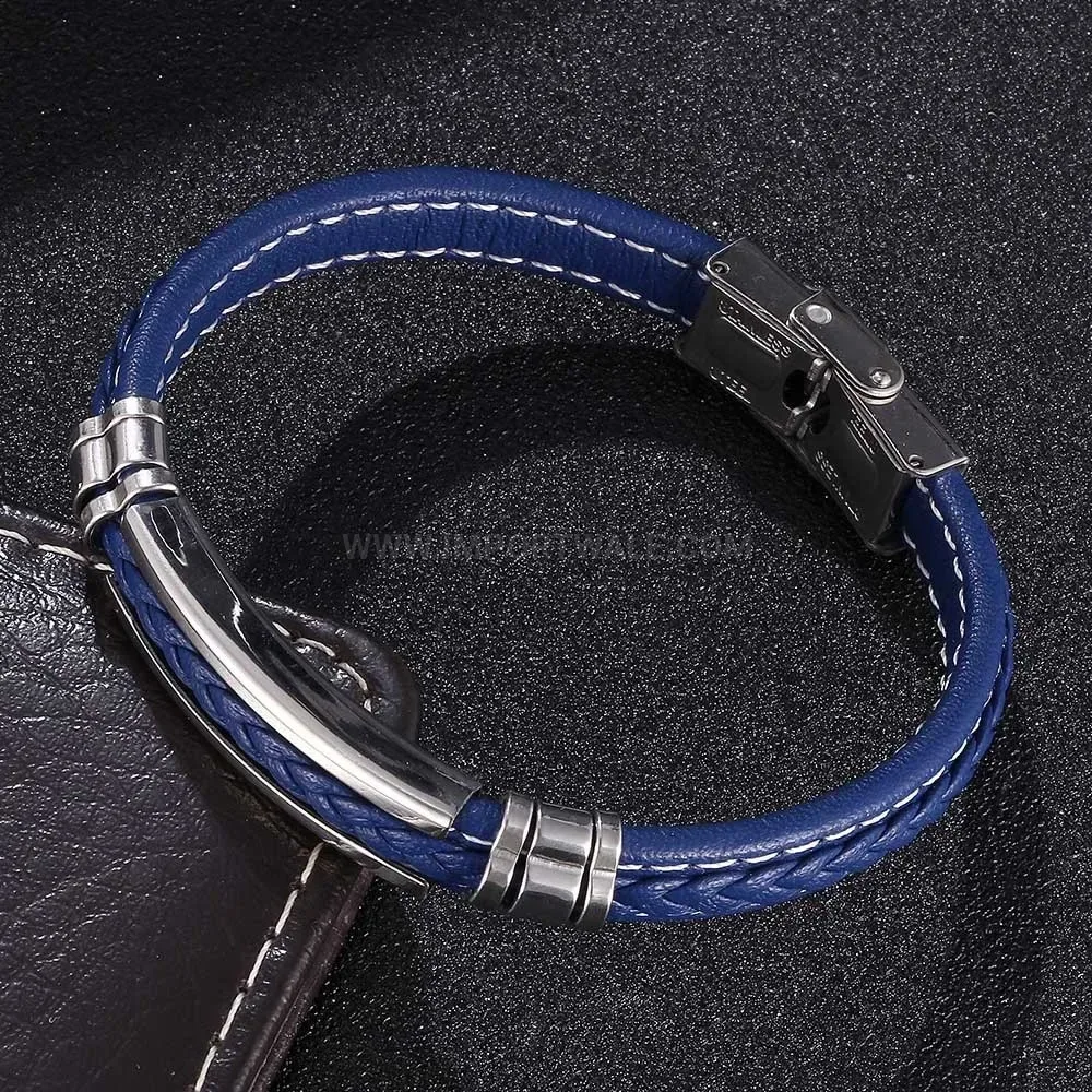 Woven Blue Leather and Stainless Steel Bracelet