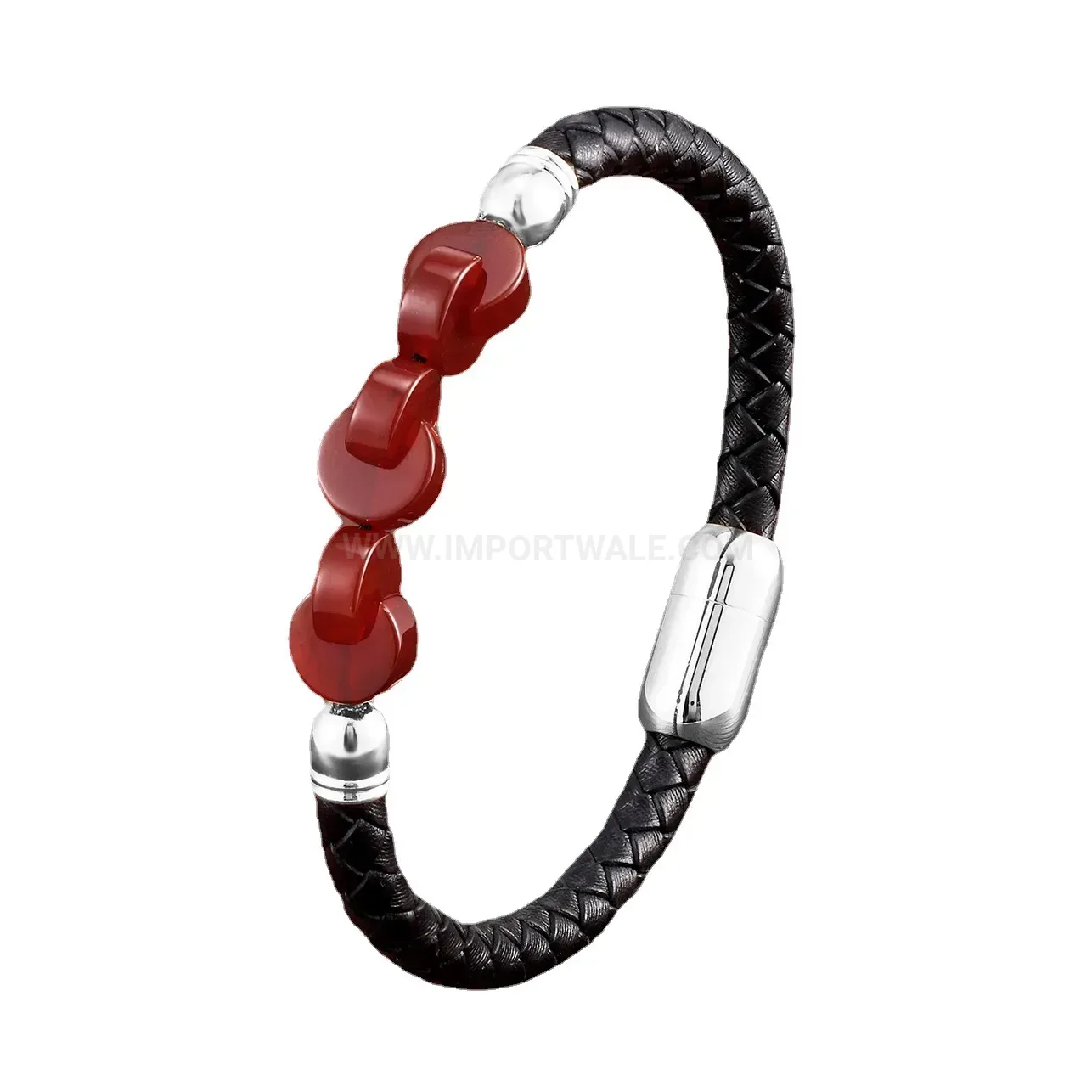 Braided Leather Stone Bracelet with Stainless Steel Clasp