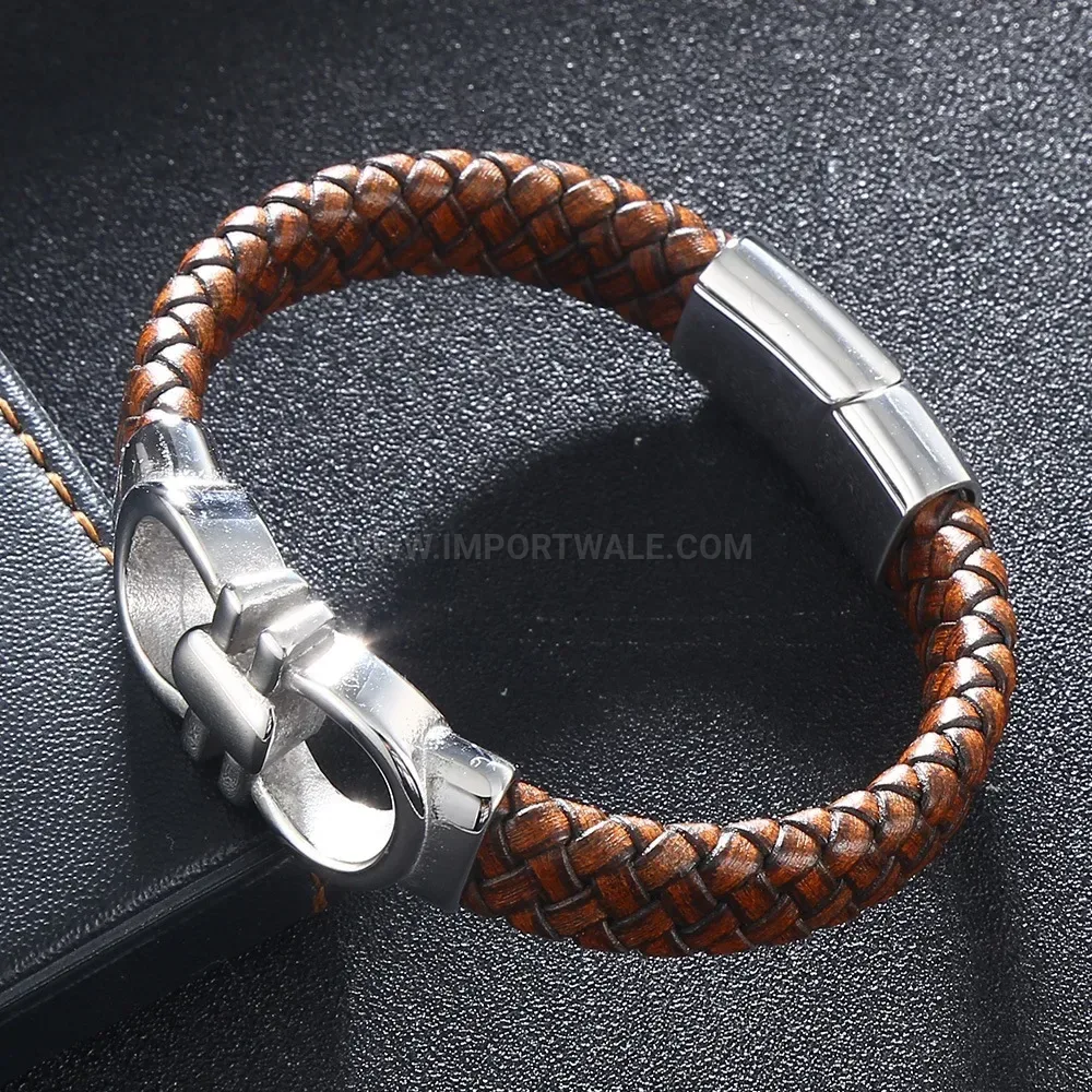 Braided Brown Leather Wristband with Stainless Steel Accents