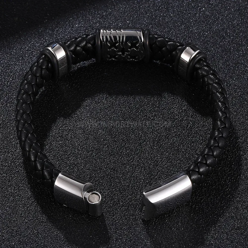 Viking Style Beaded Leather Wristband with Steel Accents