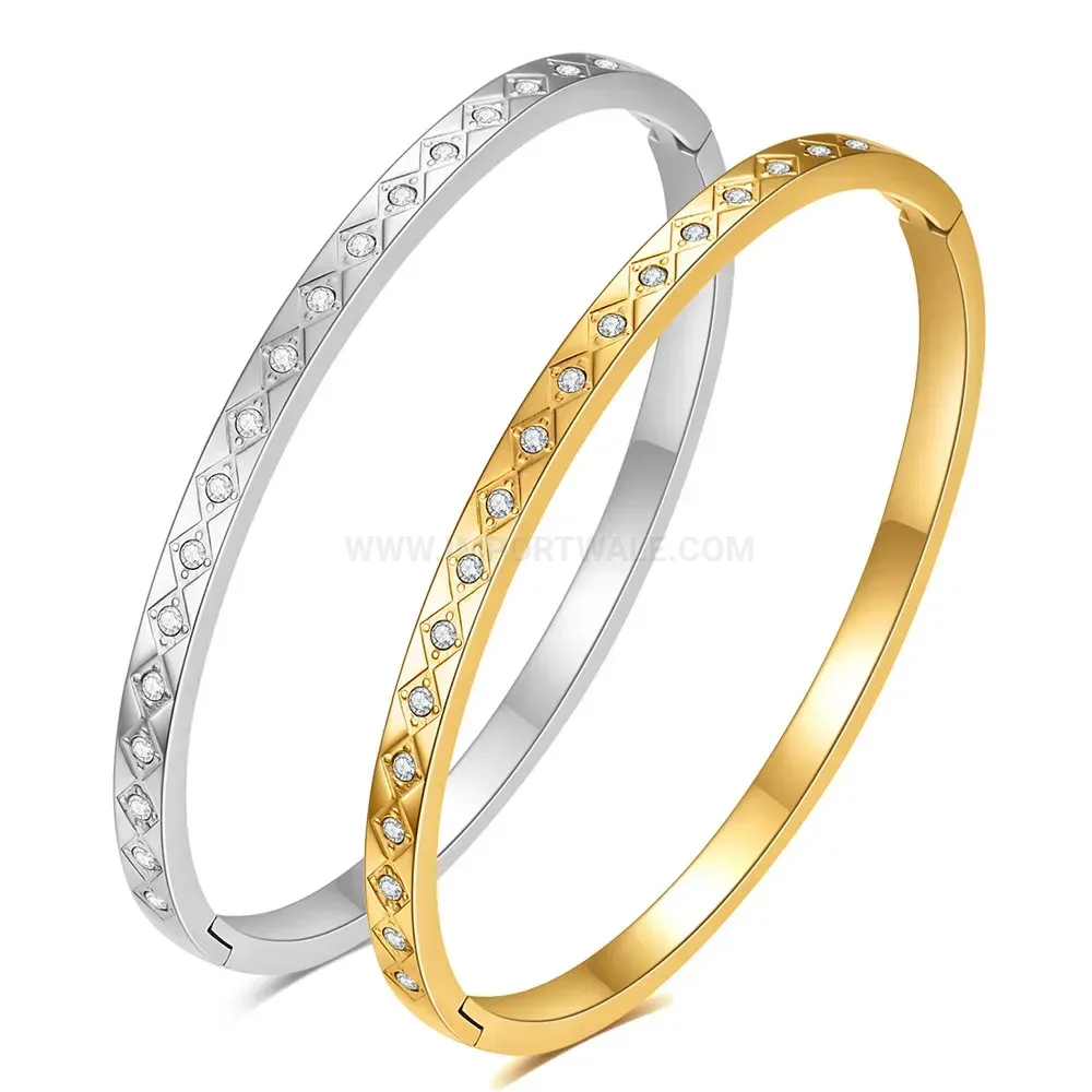 Trendy Rhinestone Diamond Oval Stainless Steel Open Cuff Bangle