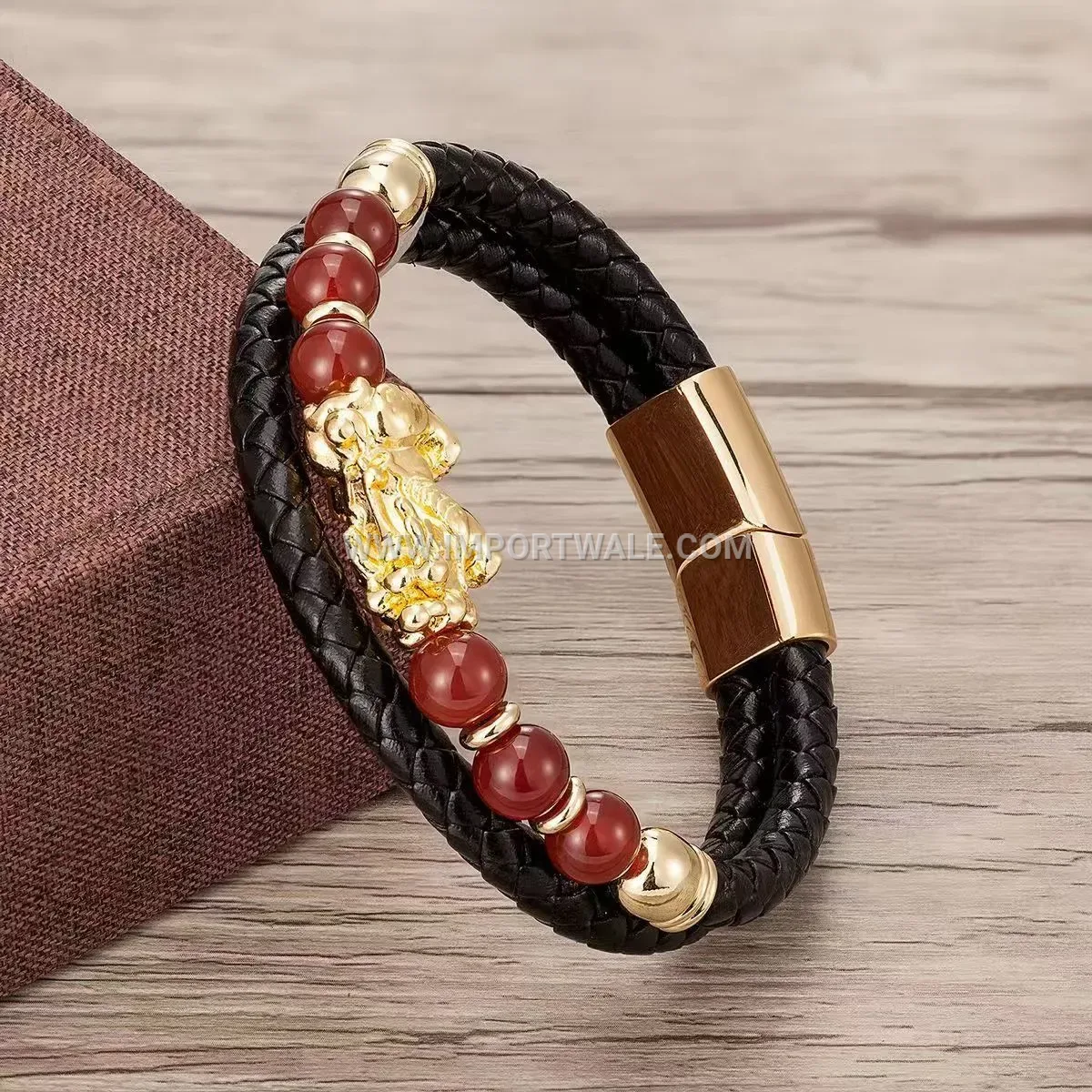 Braided Leather and Natural Stone Pixiu Charm Magnetic Bracelet