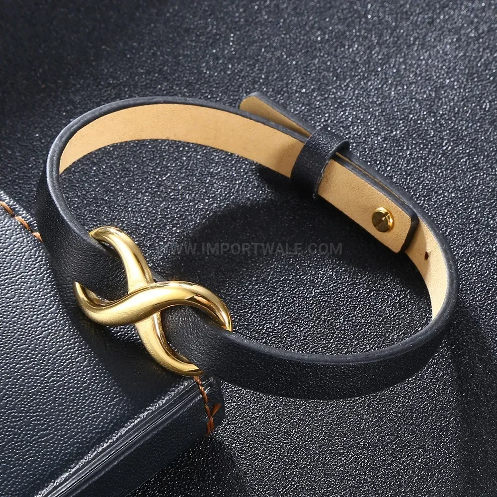 Adjustable Figure Eight Leather Strap Bracelet With Gold Stainless Steel