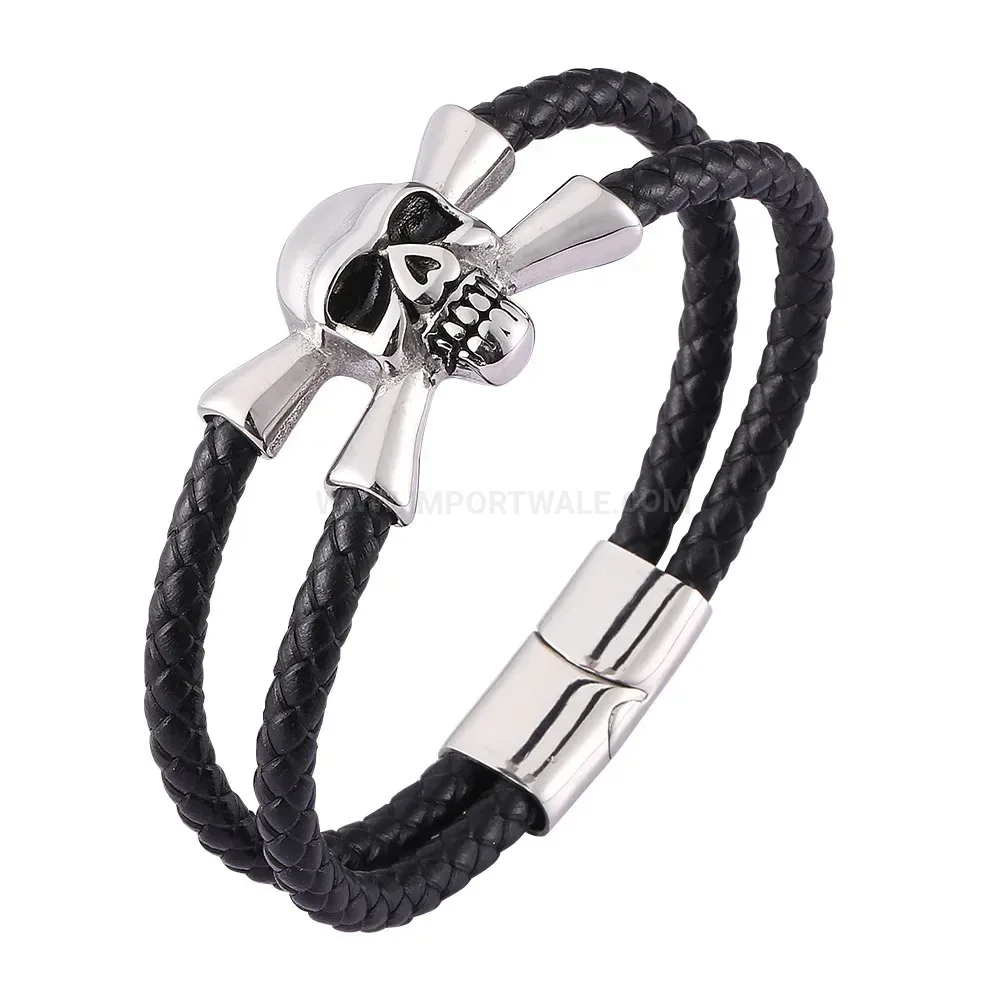 Stainless Steel Skull Accent Vintage Leather Bracelet