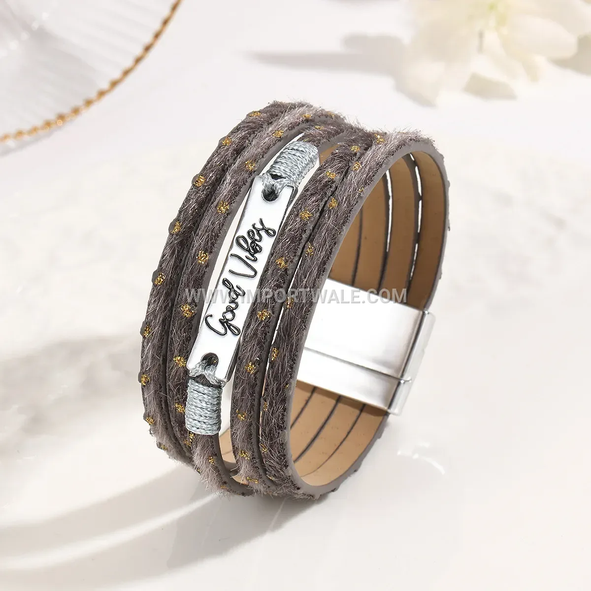 Bohemian Crystal and Feather Accent Wide Leather Cuff Bracelet
