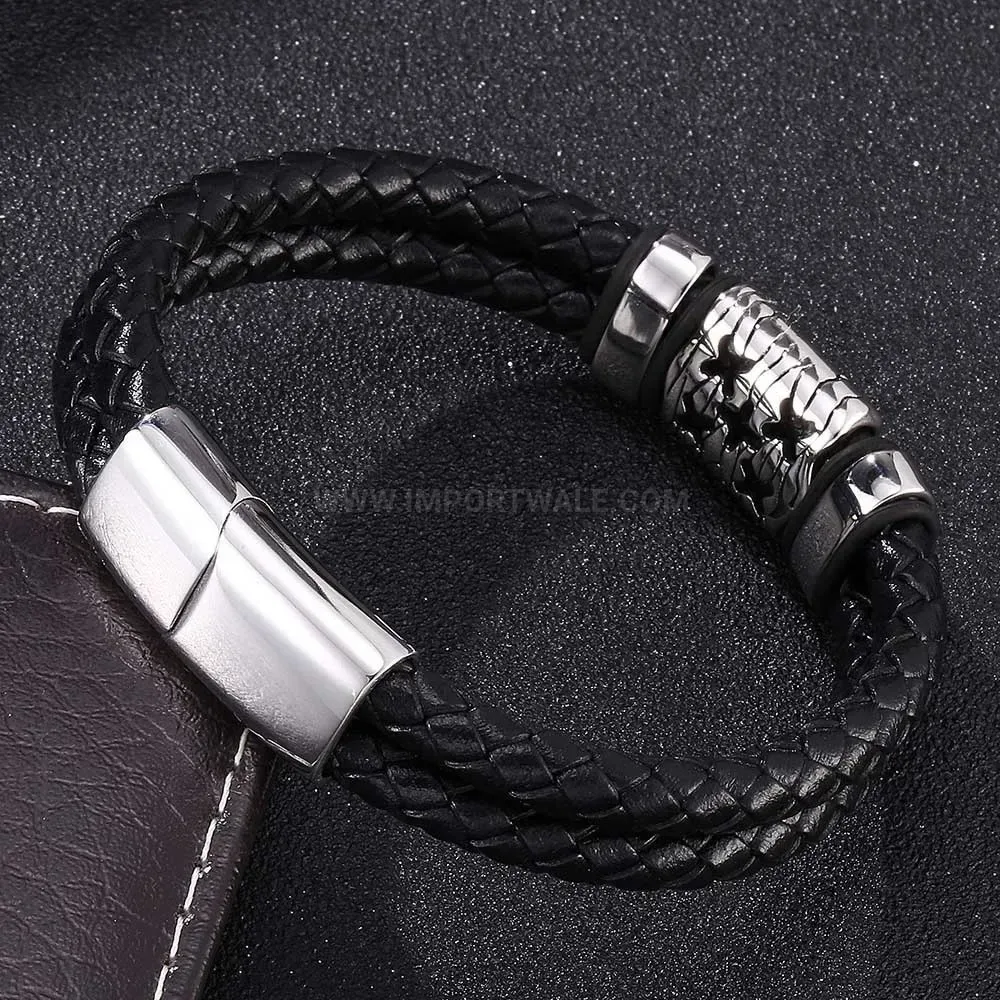 Woven Leather Star Charm Stainless Steel Magnetic Bracelet