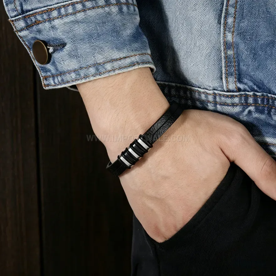 Trendy Sleek Microfiber Leather Bracelet With Stainless Accent