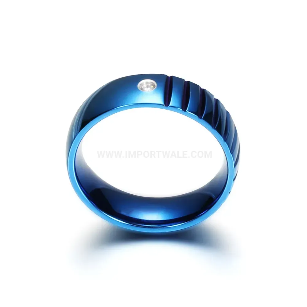 Classic Blue Grooved Stainless Steel Crystal Inlay Band Ring