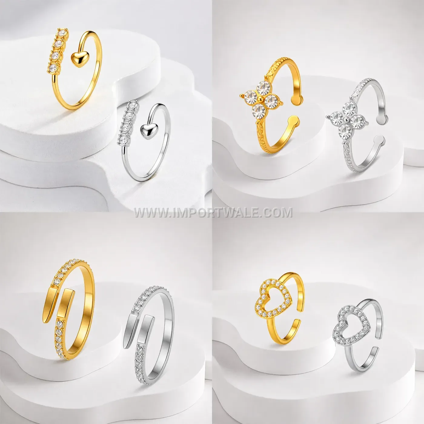 Adjustable Stainless Steel Geometric Open Ring Set with Rhinestone Accents