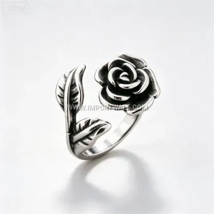 Polished Stainless Steel Sculptural Rose Flower Statement Ring