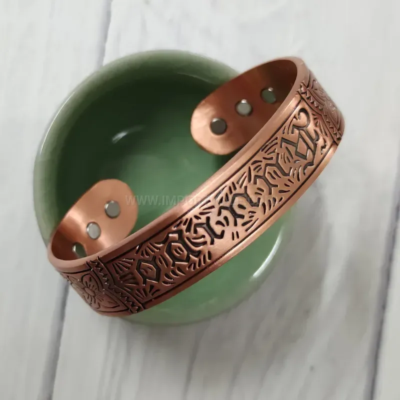 Wide Engraved Red Copper Bio Magnetic Cuff Bracelet