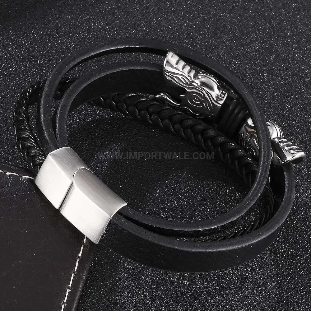 Multi Strand Braided Black Leather Stainless Steel Men's Bracelet