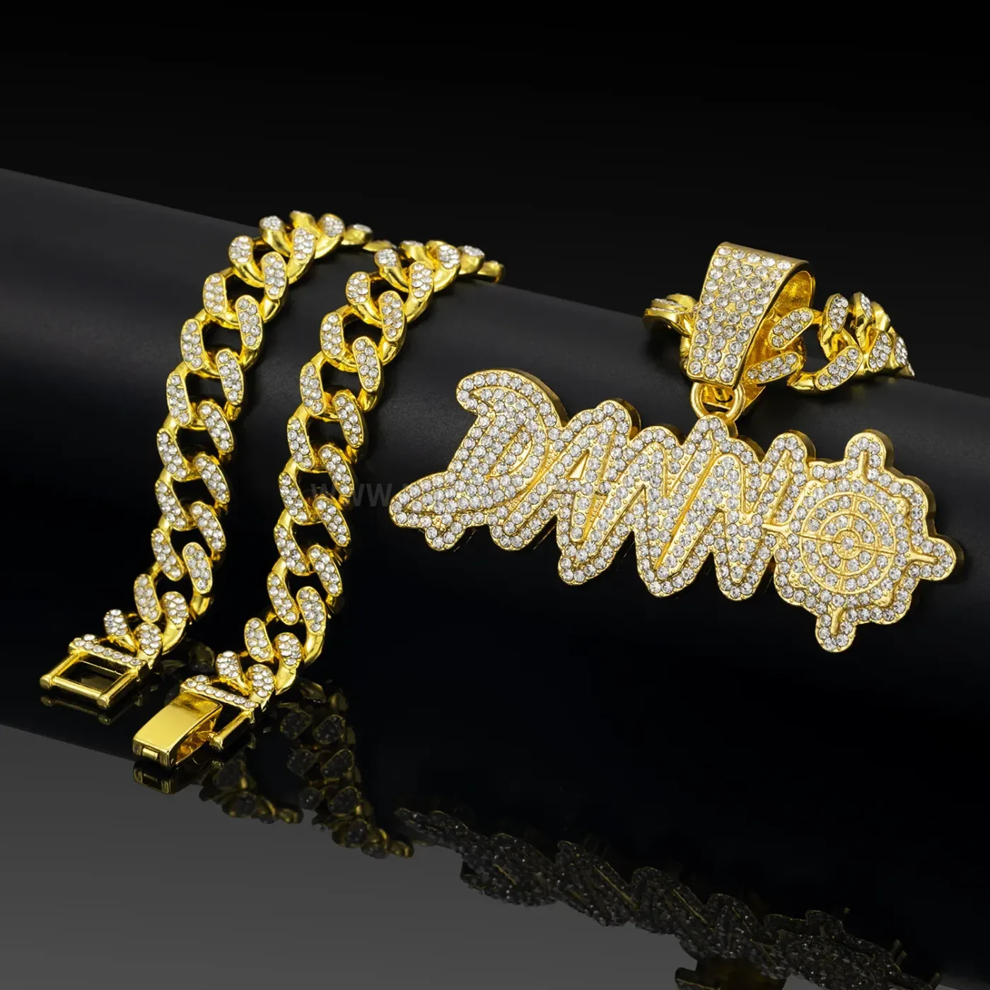Stylish Iced Out DANN Letter Pendant Cuban Link Necklace