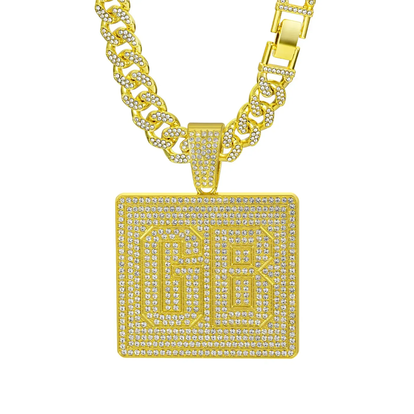 Modern Oversized Square GB Letter Rhinestone Pendant Cuban Necklace