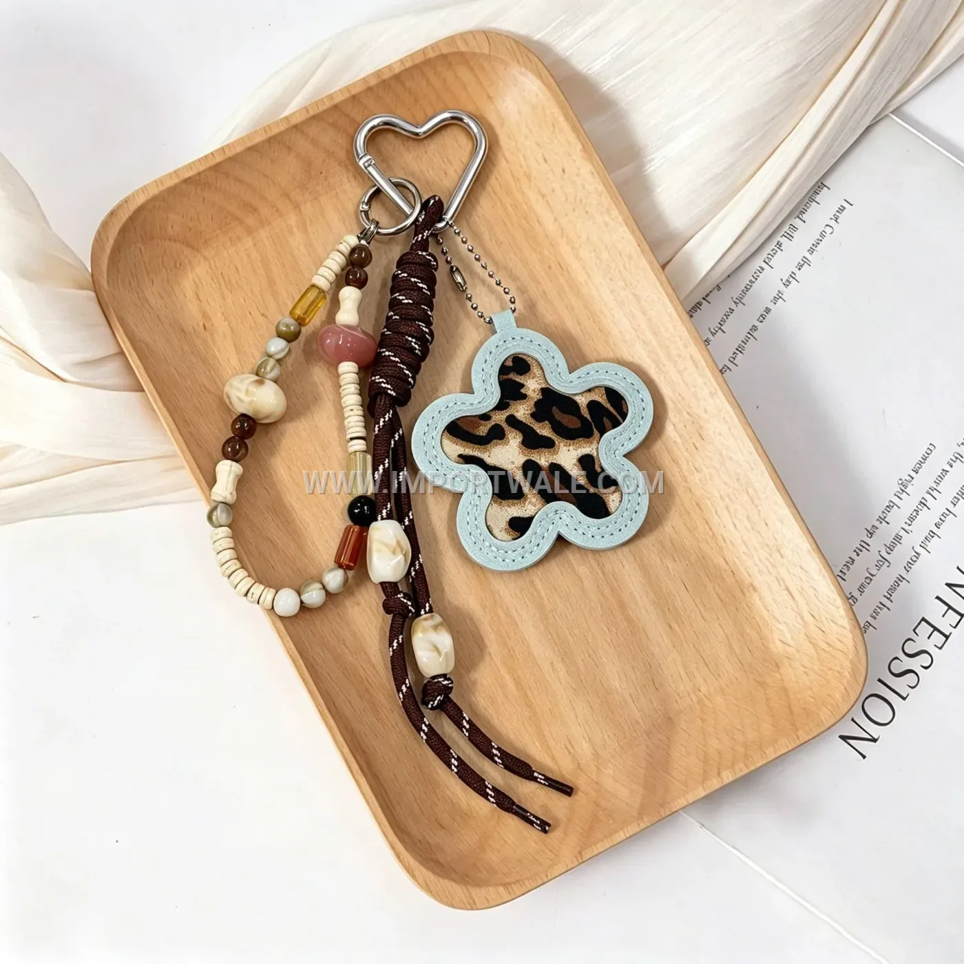 Leopard Print Leatherette Flower Creative Key chains Keychain with Woven Cord