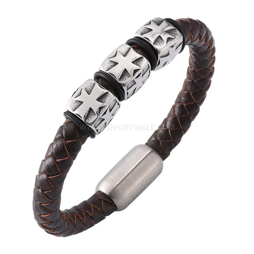 Premium Stainless Steel Cross Accent Braided Leather Bracelet for Men