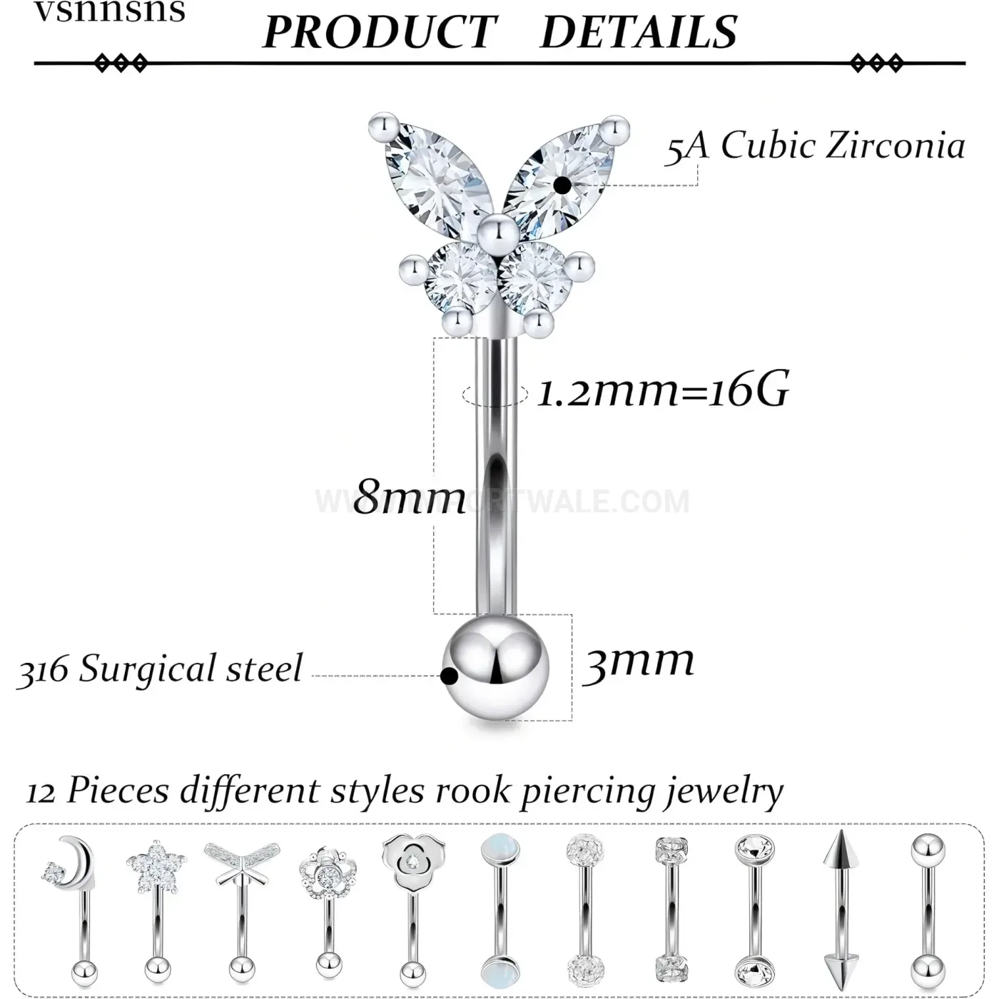 Designer Butterfly Moon Stainless Steel Eyebrow Belly Piercing Set
