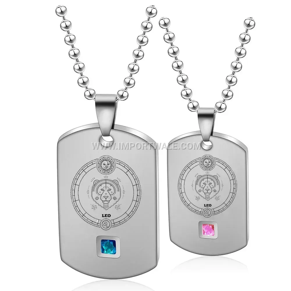 Engraved Stainless Steel Zodiac Tag Layered Pendant Necklace