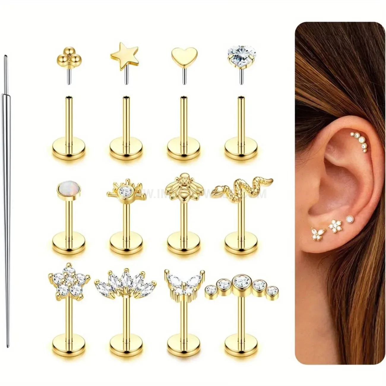 Trendy Rhinestone Stainless Steel Piercing Stud Set