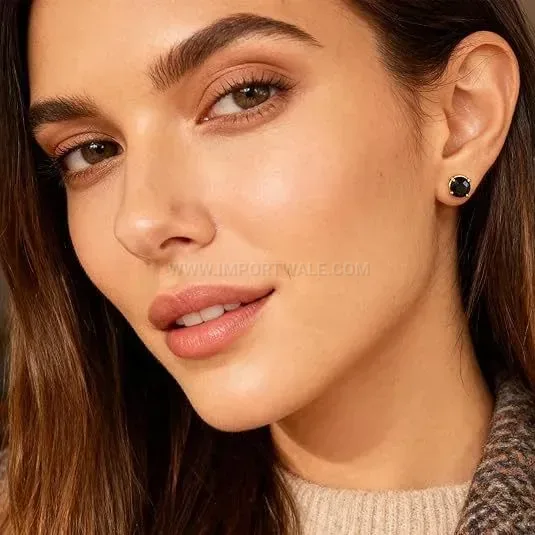 Trendy Stainless Steel Black Gemstone Heart and Round Piercing Stud Earrings Set