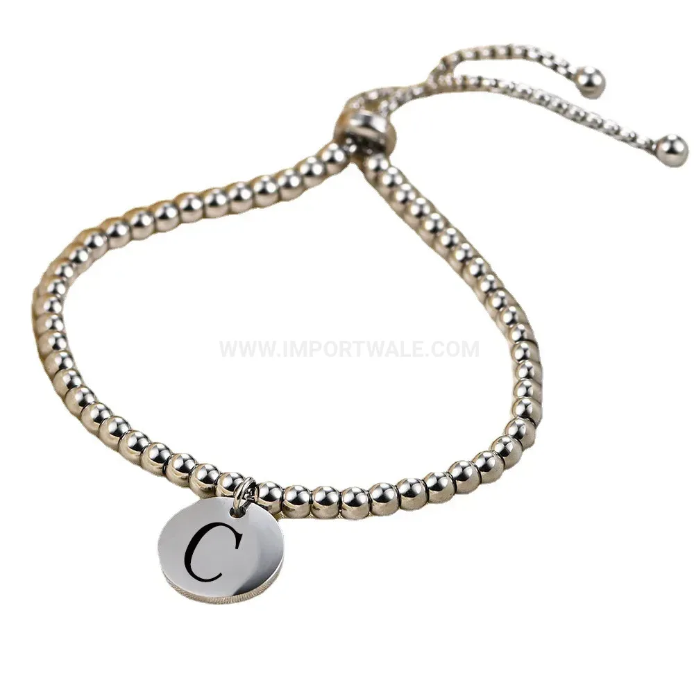 Modern Minimalist Engraved Alphabet Disc Stainless Steel Beaded Bracelet