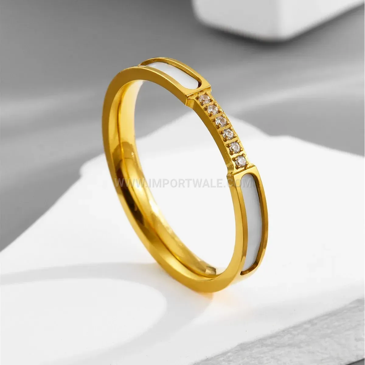 White Shell and Crystal Titanium Steel Band Ring