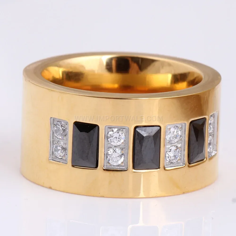 Gold Tone Zircon Inlaid Stainless Steel Band Ring