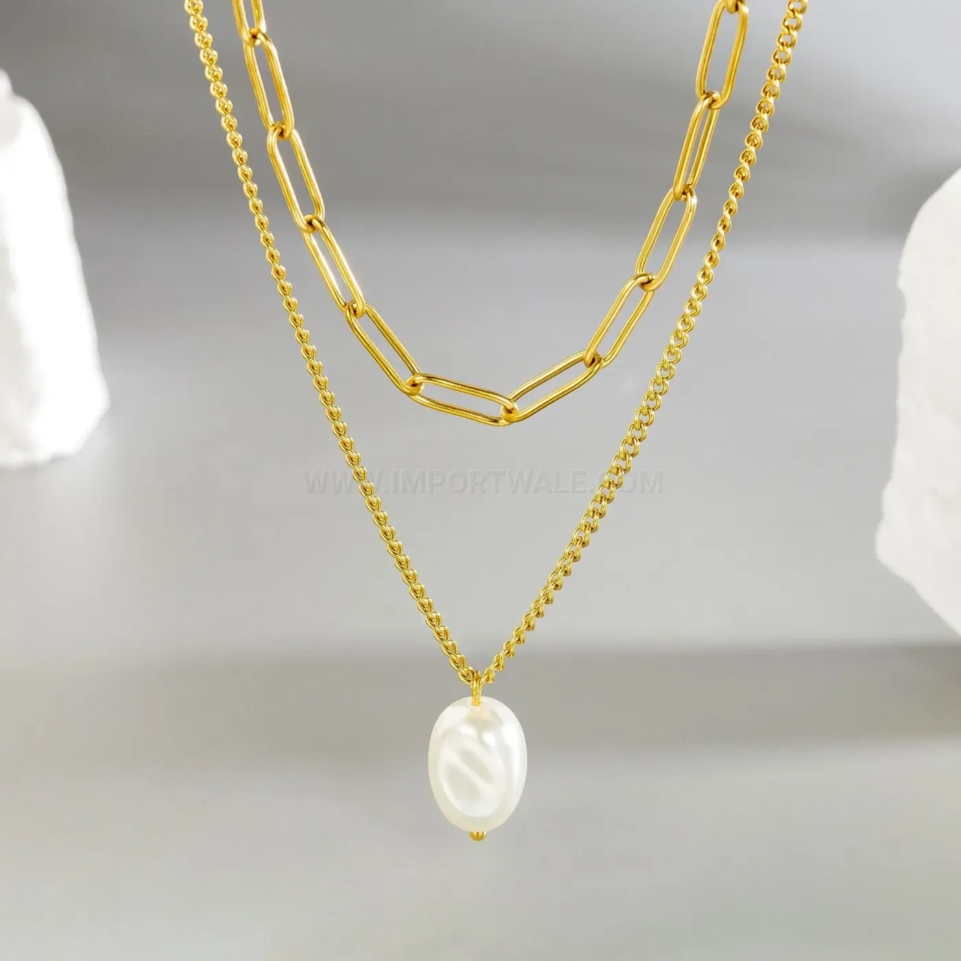 Designer Double Layer Pearl Pendant Gold Stainless Steel Snake Chain Necklace