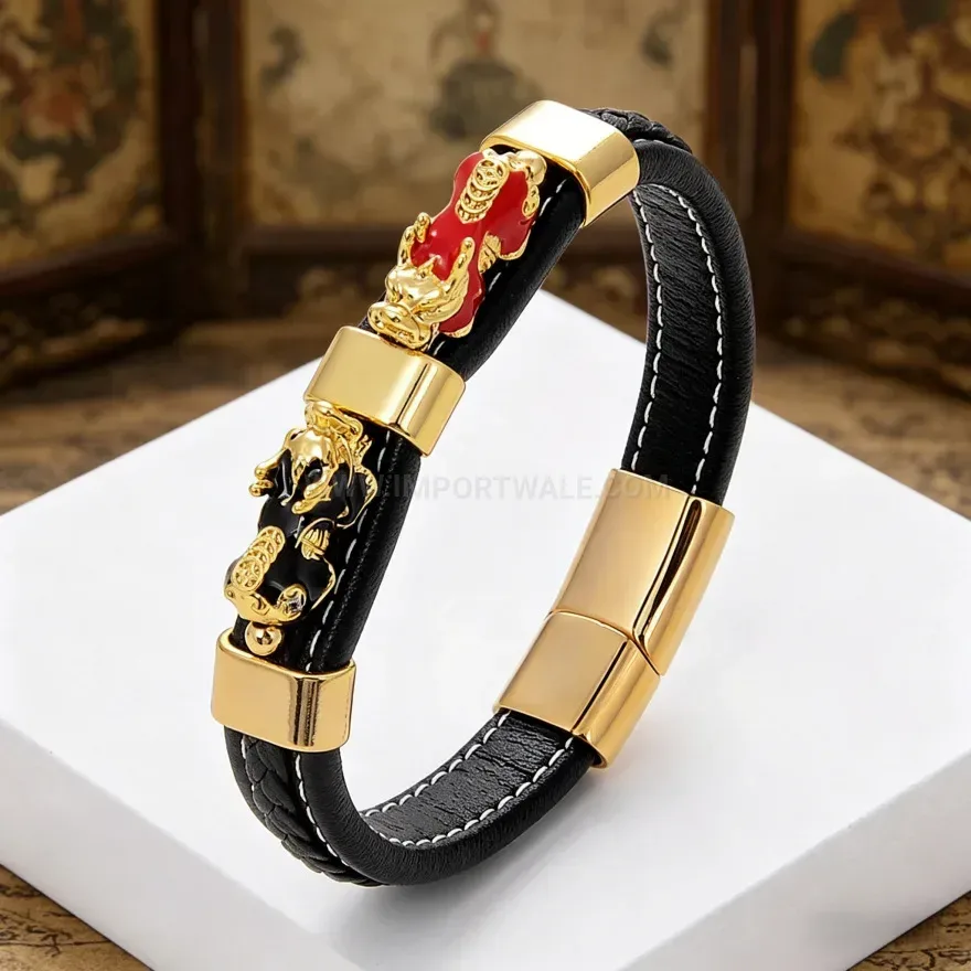 Designer Braided Leather Pixiu Charm Bracelet With Titanium Steel Clasp