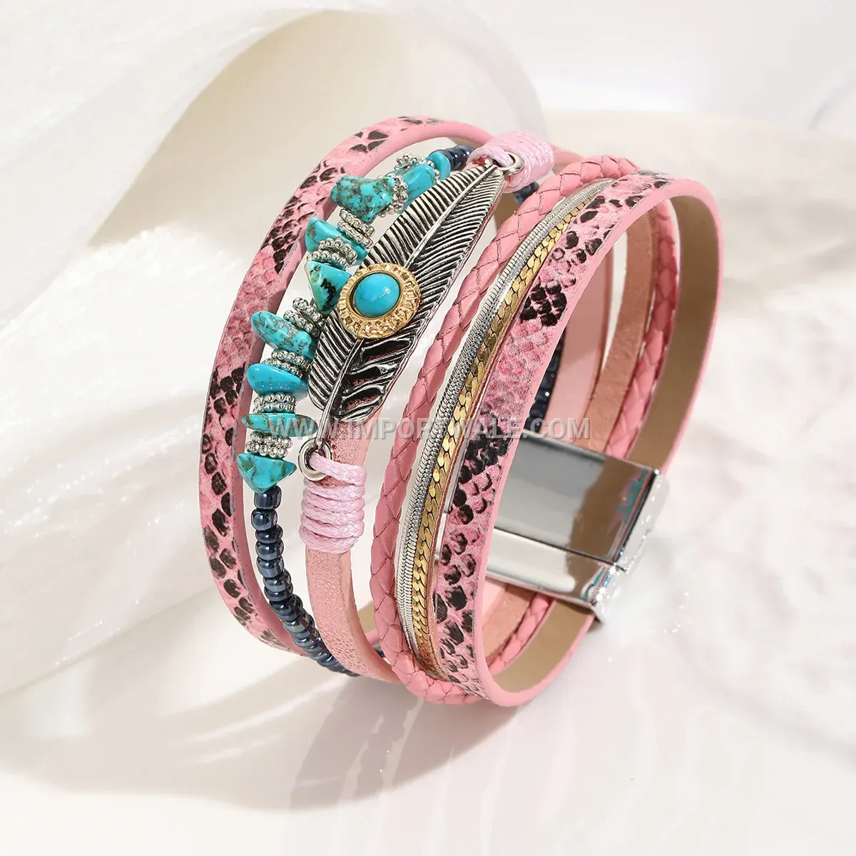 Bohemian Leather Feather Bracelet with Turquoise Accents